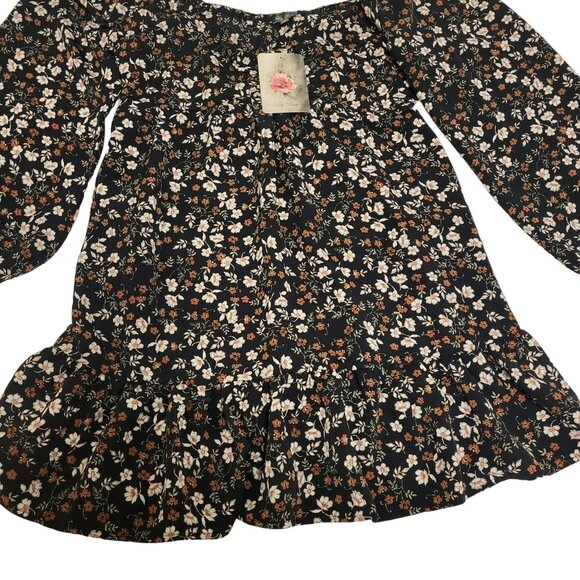 Lily Rose Long Sleeve Cinch Front Baby Doll Dress Black Floral Juniors Small S - Picture 8 of 16